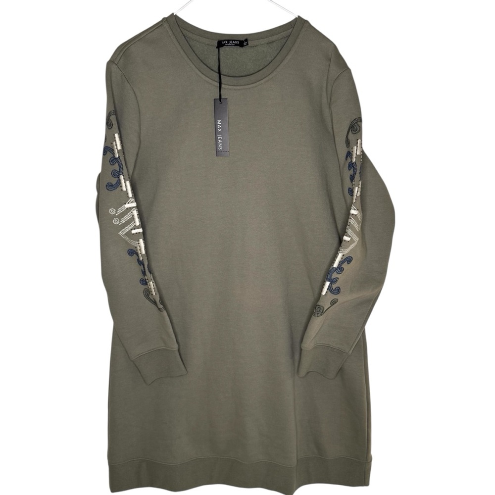 Max Jeans Olive Green Embroidered Sweatshirt Dress | Size Large